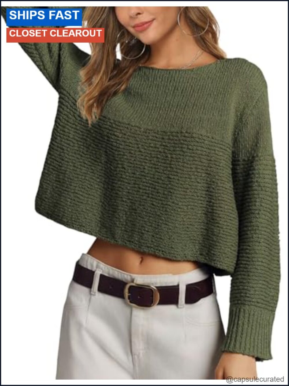 Womens Crew Neck Ribbed Knit Cropped Sweater Long Sleeve Pullover
